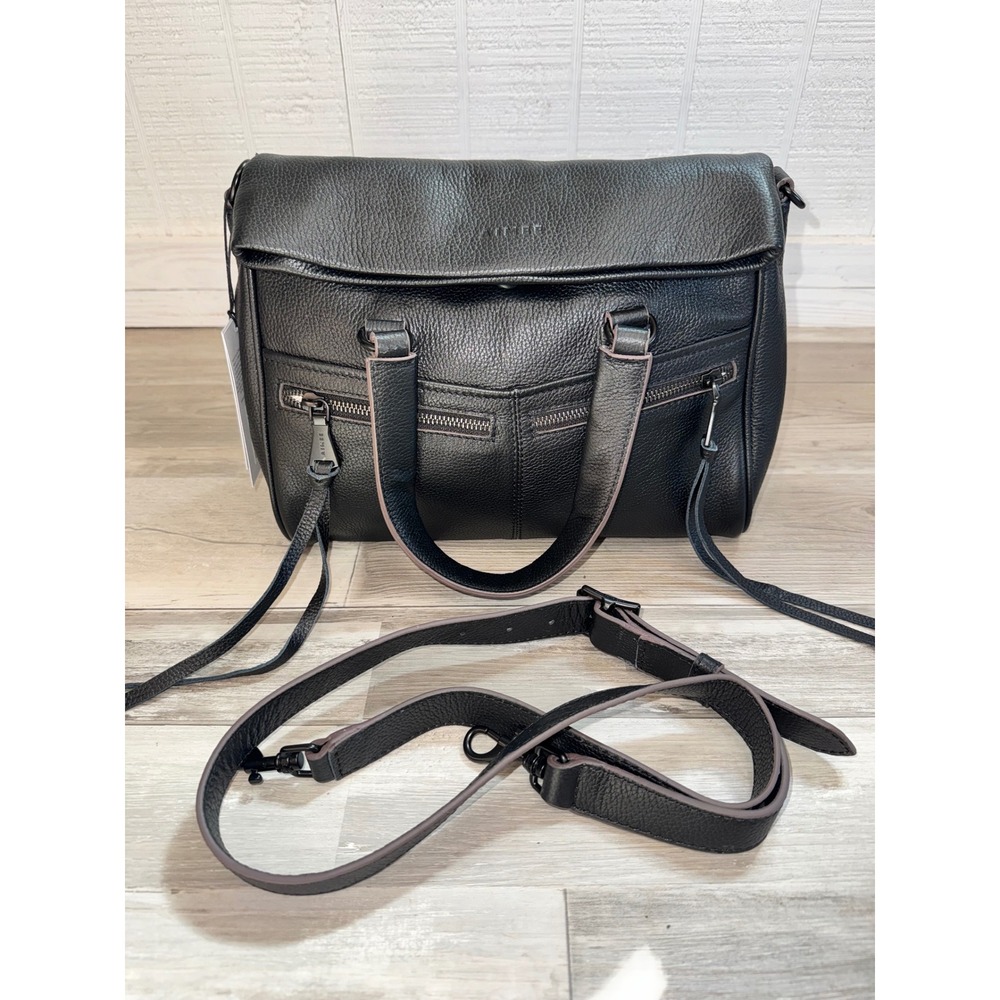 Aimee Kestenberg Double Entry Satchel Women Black Pebbled Leather Bag NWT OS
